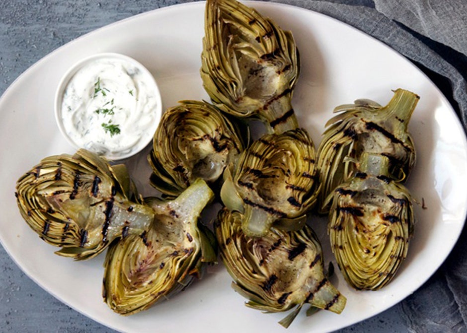 Grilled Artichokes with Yogurt-Dill Dipping Sauce